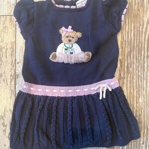 Baby Girl’s Navy Sweater Dress with Lavendar Bear Accent Size 6-9 months